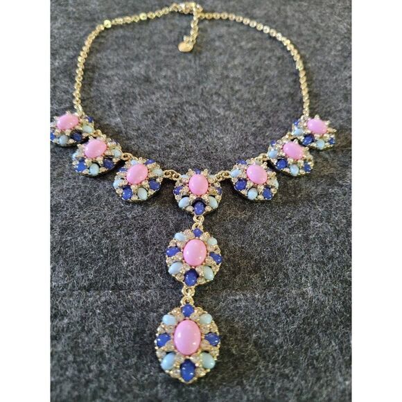 Talbots 18-21 Inch Pink, Blue Cabochon with Rhinestone Statement Necklace - Picture 2 of 3